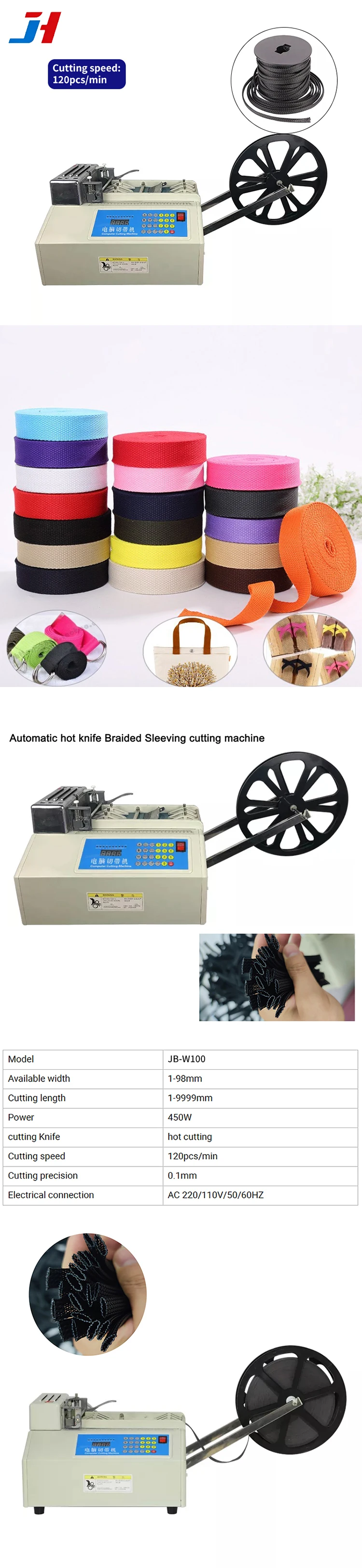 JH-W100 Automatic Hot Cutting Braided Sleeving Machine 1-98mm Width, 0.1mm Preci