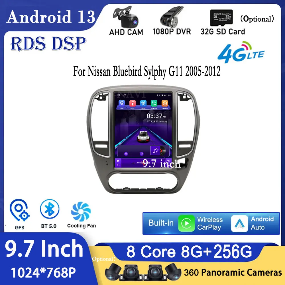 

9.7" For Nissan Bluebird Sylphy G11 2005-2012 Android 13 DSP IPS Car Multimedia Player RDS Video GPS Navigation Carplay Wifi+BT