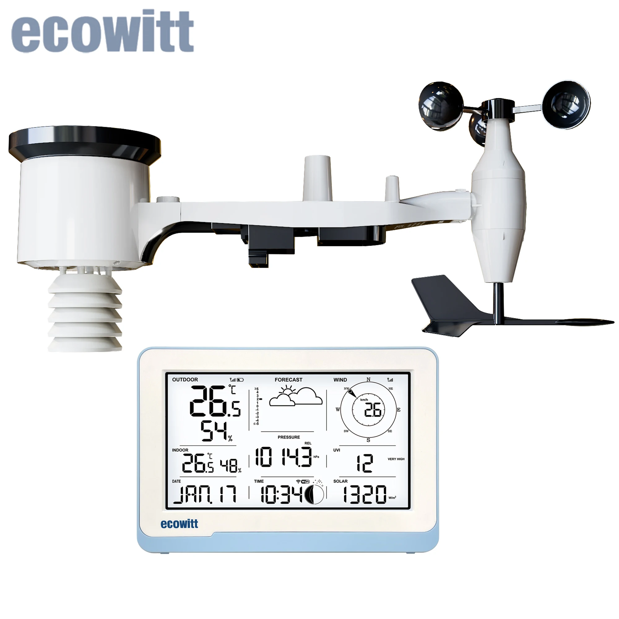 Ecowitt WS3800 Wireless Weather Station with 7-in-1 Outdoor Sensor and 7.5 inch LCD Display Console