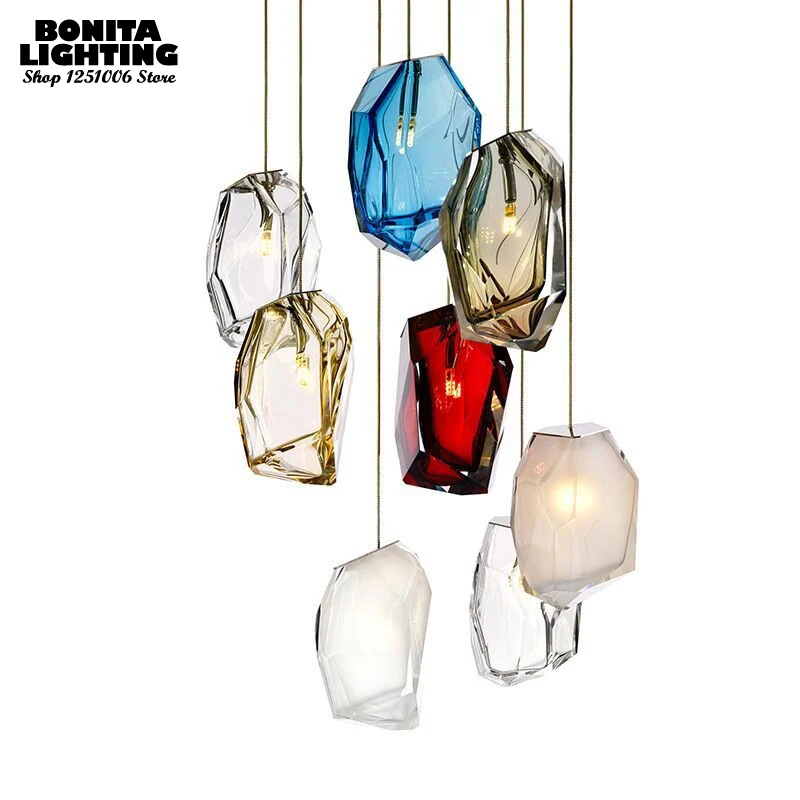 Modern Crystal Ice Pendant Light Restaurant Bedhead Shopping Mall Decor Hanging Chandelier Colorful Stone Glass Pendant Lamp