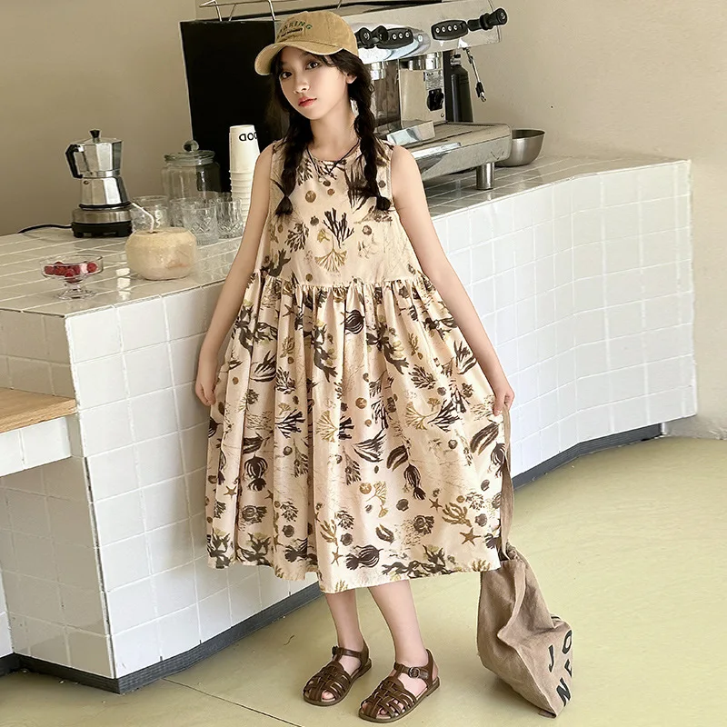 Teens Girls Summer Dress Sleeveless Stylish Floral Princess Dresses for Kids Casual Daily Beach Sundress Children Clothes