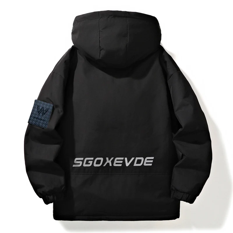 Winter Thickened Fleece Lined Hooded Jacket Men's Outerwear Warm Cotton Coat Youth Casual Outerwear Polyester Fabric Zipper C... - 4