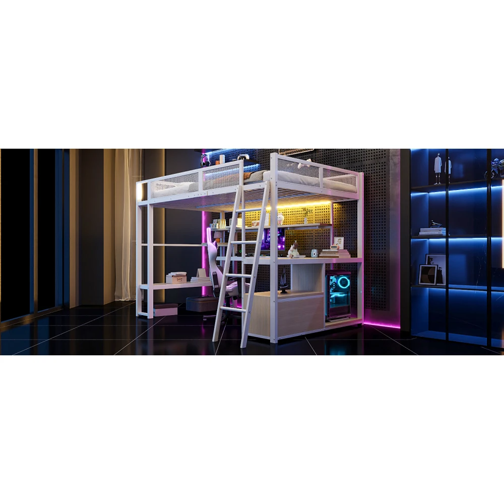 Metall-Gaming-Hochbett mit Integriertem Arbeitsplatz Kinderbett mit LED-Beleuchtung und Viel Stauraum Zweistöckiges Bett 140x200cm – Detail 18