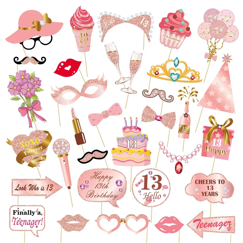 1set pink 13 16 18 30 40 50 60 photo booth props adult birthday party decoration birthday photo props supplies