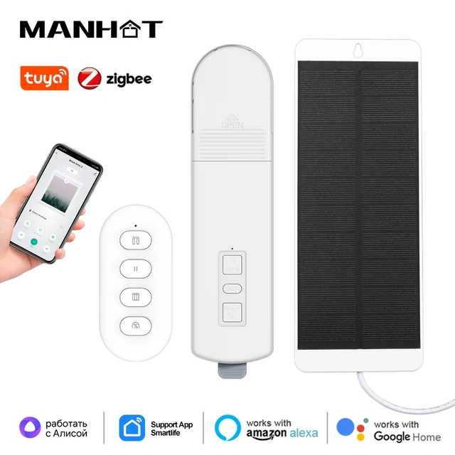 Manhot Tuya Zigbee สมาร์ทไฟฟ้าผ้าม่านมอเตอร์ Roller Shade Driver พร้อมแผงพลังงานแสงอาทิตย์ควบคุมเสียงสําหรับ Alexa Google Home Yandex 1
