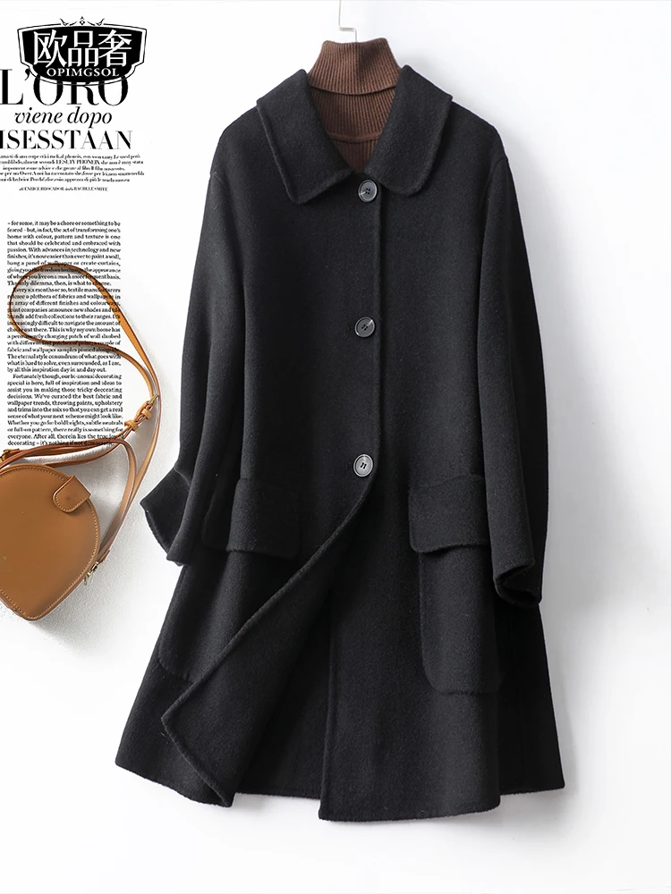

Двустороннее кашемировое пальто для женщин, черная Высококачественная куртка средней длины, свободная Корейская версия для осени и зимы