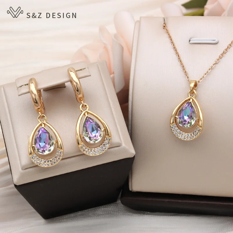 S&Z DESIGN New Fashion Water Drop Crystal Dangle Earrings For Women Elegant Jewelry Champagne Gold Color Cubic Zirconia Eardrop