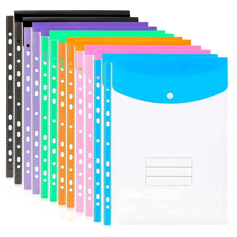 

12 Pack A4 Punched Pockets Plastic Wallets - 11 Holes Expandable Binder Pocket Envelope File Folders