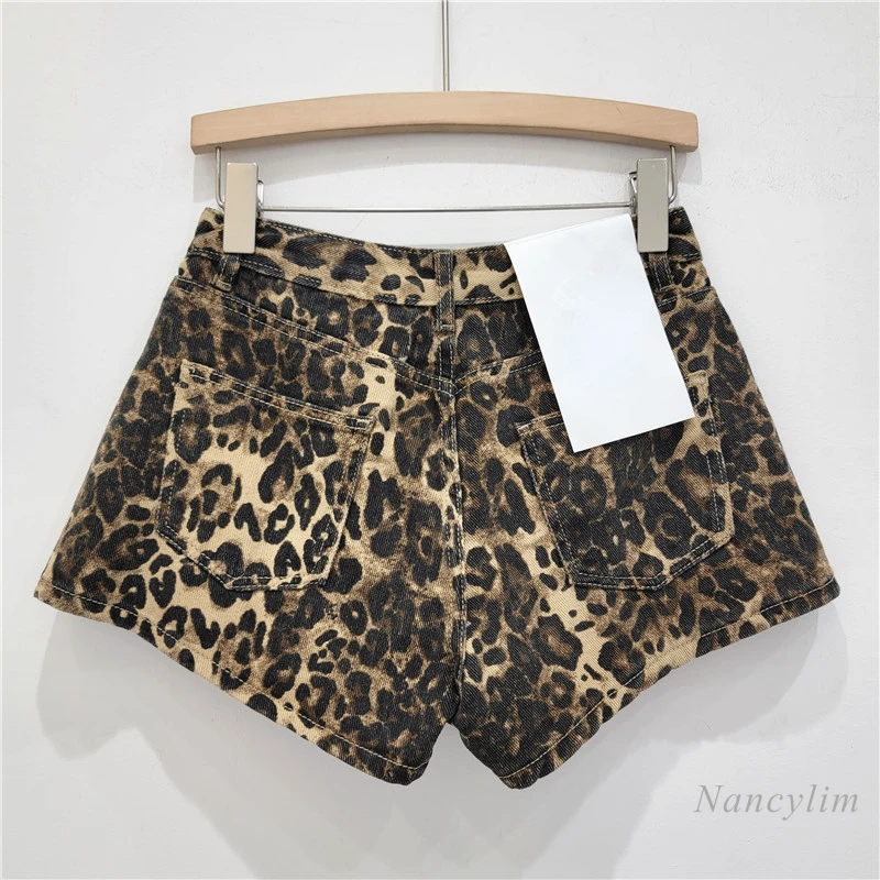 Retro Leopard Printed Denim Shorts for Women 2024 New Summer High Waist Slimming All-Match Hot Pants Street Shorts