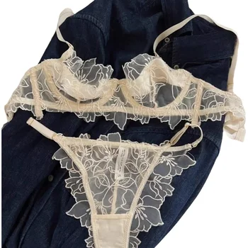 Ensemble de soutien-gorge léger en dentelle, Sexy, à armatures douces, pour le levage et le soutien, empêche l'affaissement, Lingerie brodée exquise, ensemble deux pièces
