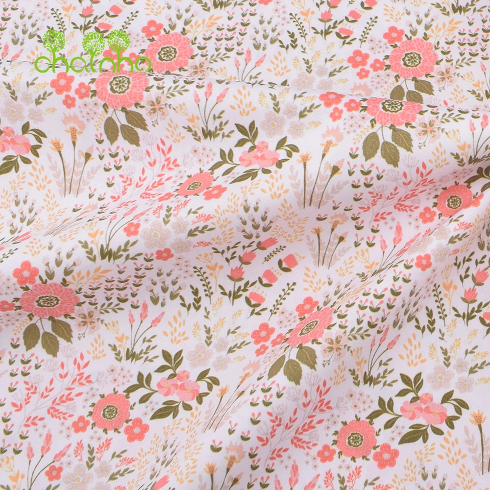 Chainho,Printed Plain Weave Poplin Cotton Fabric,DIY Quilting Sewing Material,Patchwork Cloth,Floral Series,3 Sizes,15PC215