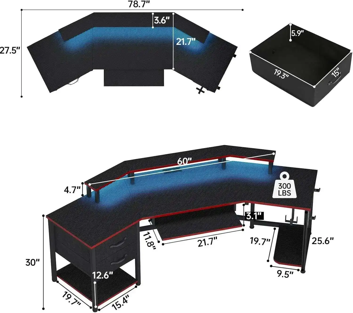 For 79" Gaming Desk, Computer Desk with 2 Fabric Drawers & LED Light, L Shaped Gaming Desk with Storage Shelf for Home Office