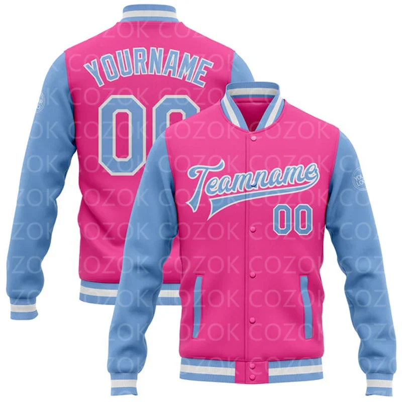 Custom Pink 3D Printed Baseball Button Jacket Bomber Full-Snap Varsity Letterman Jacket