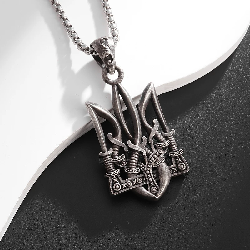 Retro Gothic Neptune Poseidon Trident Pendant Necklace Ukraine National Emblem Men's Amulet Good Luck Fashion Jewelry