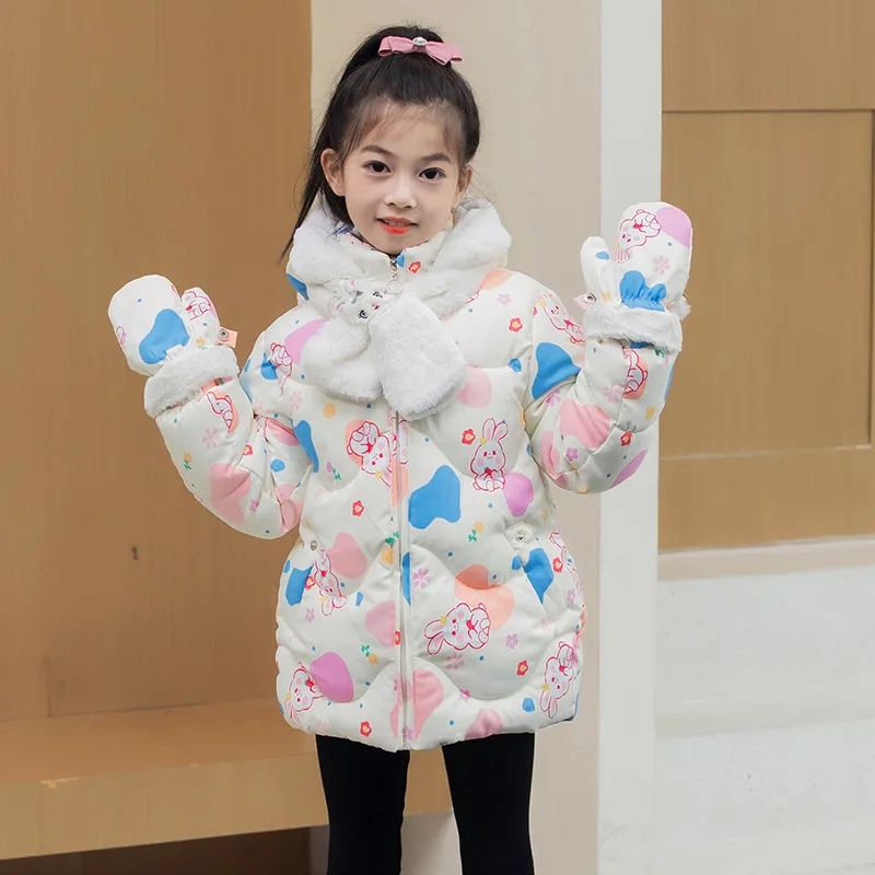 

3-10 Year Girls Jacket Winter Cartoon Rabbit Pattern Lining Plus Velvet Thicken Keep Warm Windbreak For Kids Down Cotton Outwear