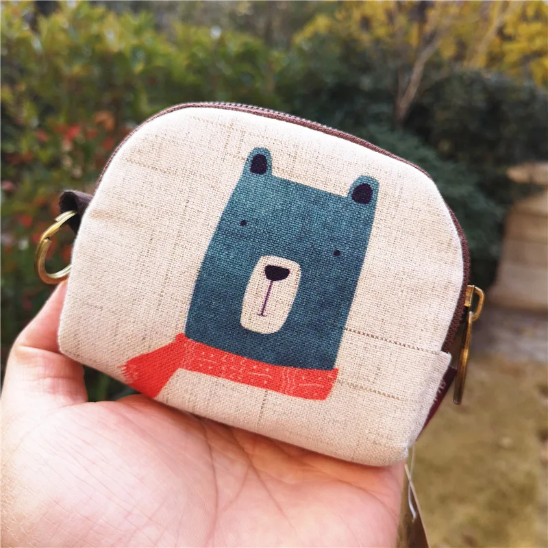 Cute Animal Canvas Coin Purse Short Shell Wallet Women Key Card Bag Kids Cartoon Lionmouse Fox Bear Dinosaur Small Change Purses