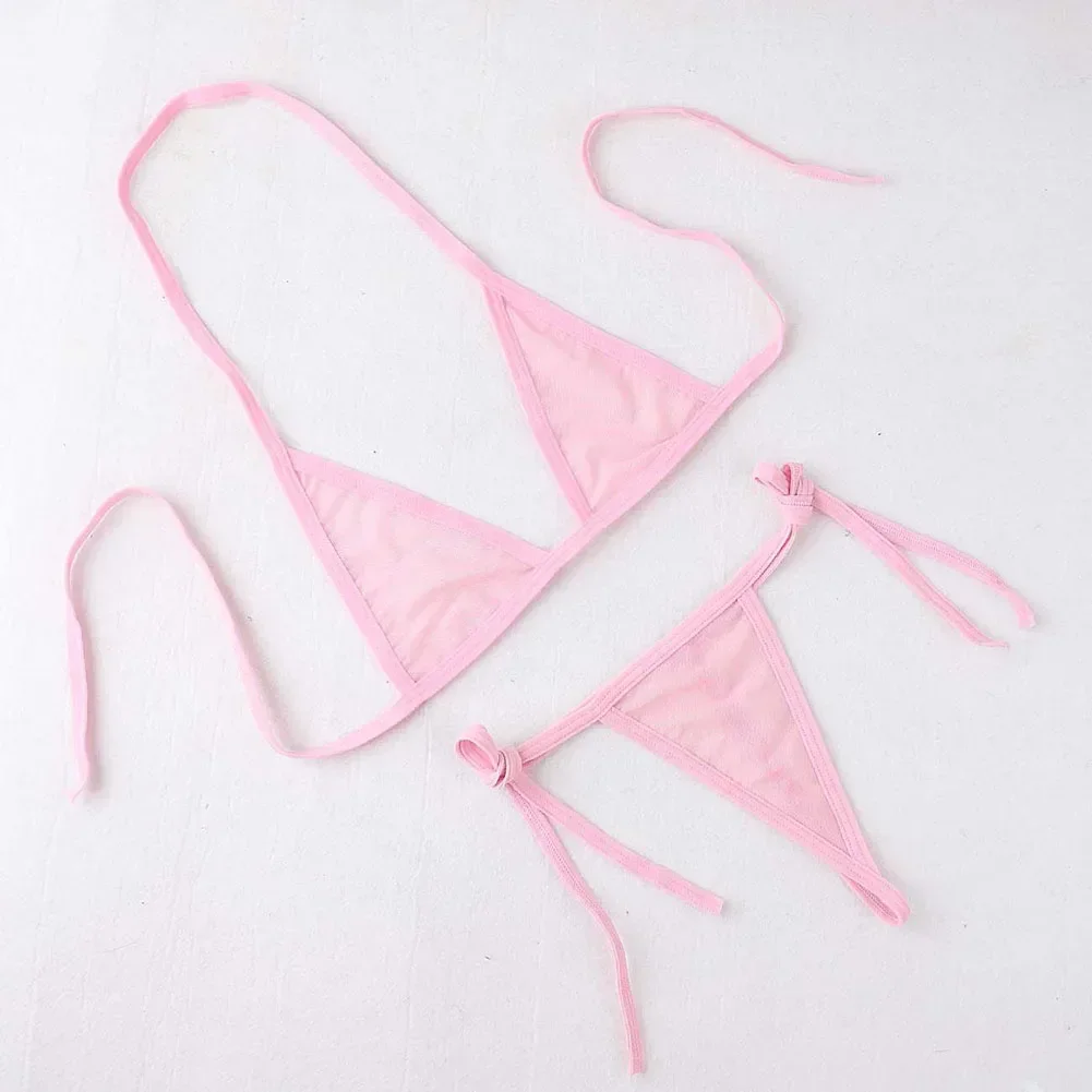 Womens Sexy Lingerie Bikini See ThrougSwimwear 2 Piece Bra With Tie Side Comfortable Thong Solid Color Beachwear Fashion Bustier