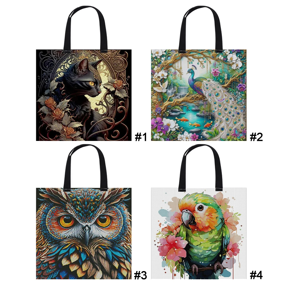 11CT Cat Peacock Owl Parrot Cross Stitch Canvas Tote Bag Embroidery Kit Personalized Bag Hand Needlepoint Kit for Beginners cross stitch kit,cross stitch tools