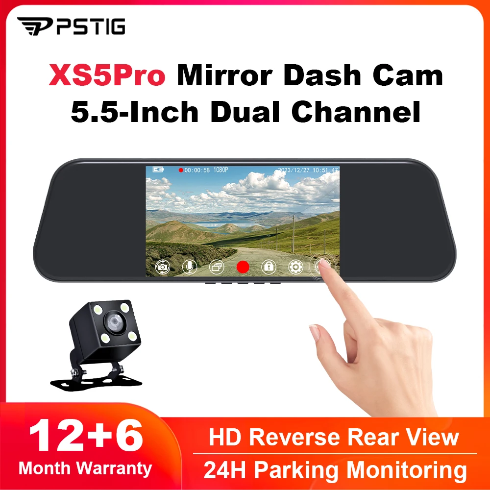 PSTIG XS5Pro Car Camera Recorder Rearview Mirror New 5.5Inch Full HD 1080P 64G Dash Cam Car DVR Video Dual Lens Touch Screen
