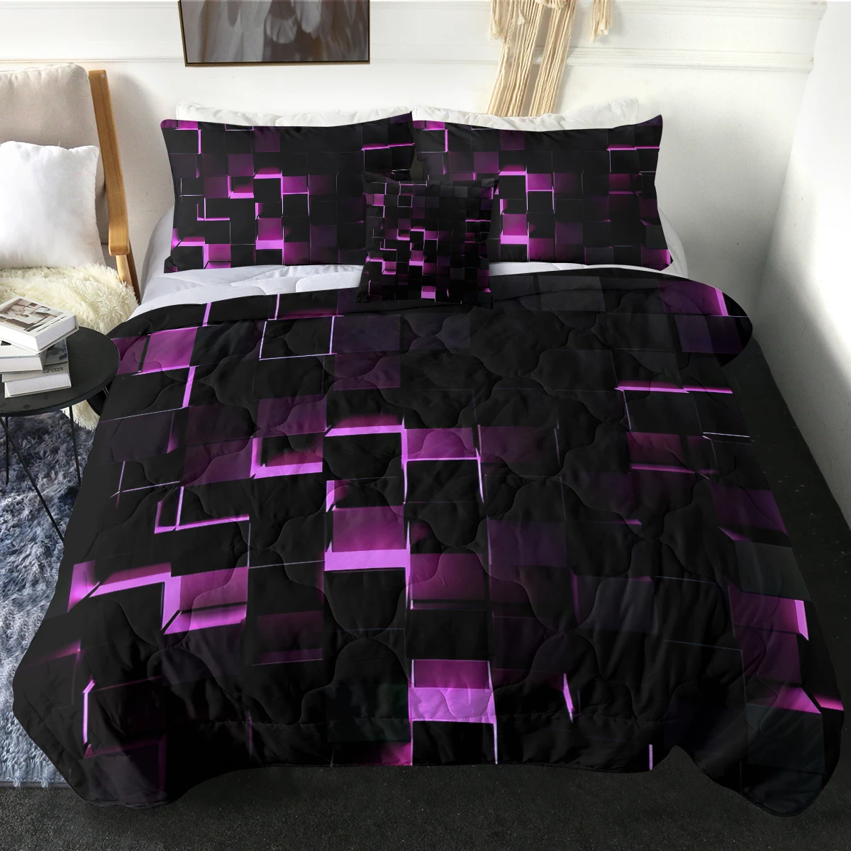 Three-dimensional Squares with Purple Light Printed Comforter Set Suitable for All Seasons Bedroom Decor