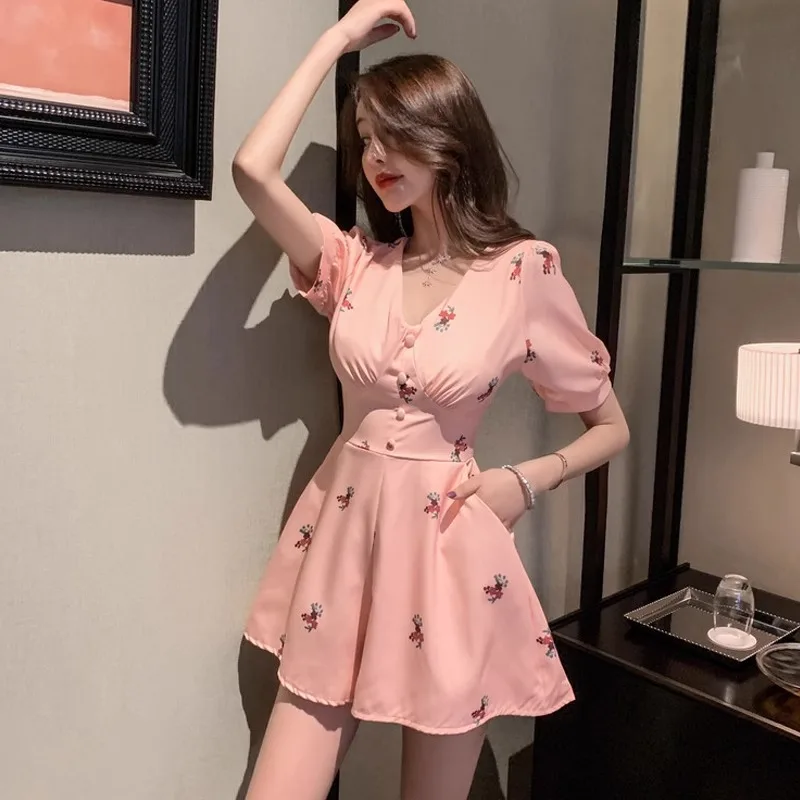 

Summer Chic Fashion Women Playsuits 2024 Casual V-Neck Short Sleeves Slim Floral Print Playsuits Ladies Short Overalls Jumpsuit