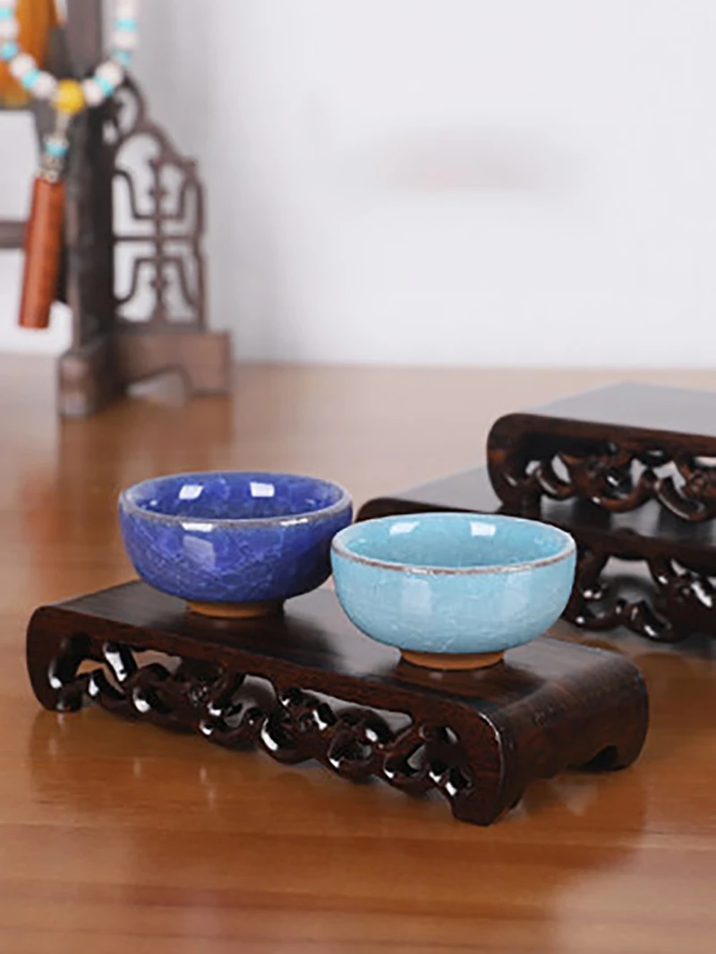 Wooden Pedestal Display Stand, Oblong Hollow Out, Carving Ornaments, Cup, Teapot incense Burner, Buddha Rectangle Bass Holder