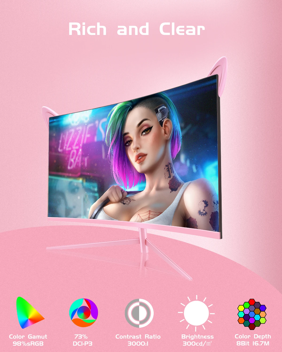 27inch Curved Pink Monitor QHD 165hz 1800R Gaming Display HDR10 Free-Sync Desktop Screen 1ms GTG  With Speakers Tilt Adjustable