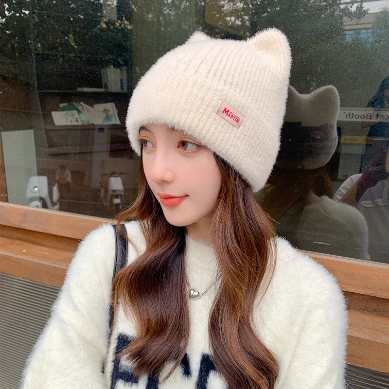 Winter Warm Knitted Hat Warm Sweet Headdress Cat Ear Crochet Beanie Windproof Anti-cold Women Ear Protection Running Ski Cap