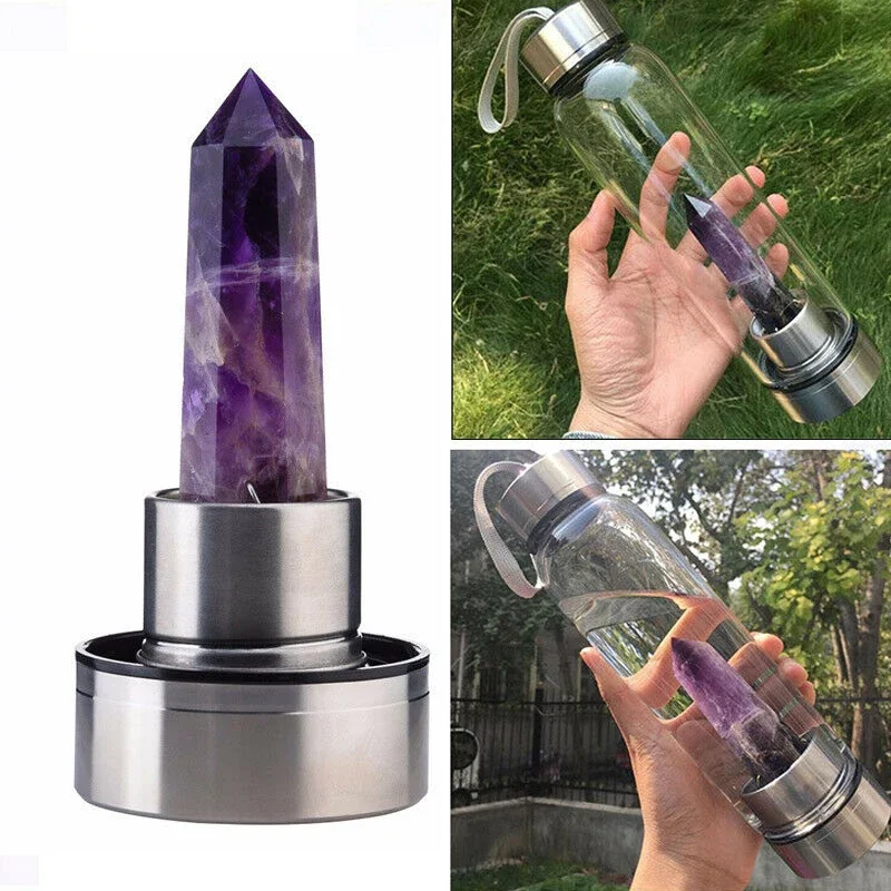 

2022 New Water Bottle Natural Crystal Glass Water Bottle Natural Gem Quartz Crystal Wand Healing Energy Cup Glass Water Bottle