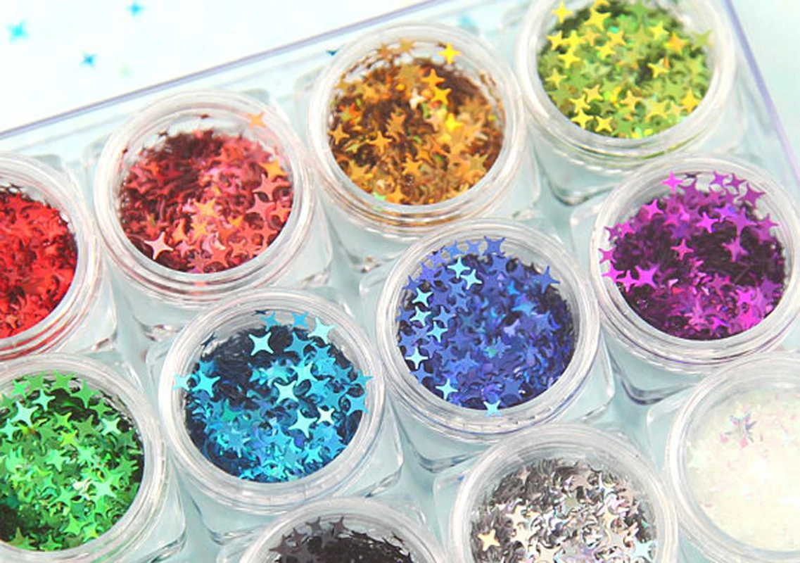 

12 Kinds Space Star Glitter Flakes Four Point Star Nail Art Spangles 2mm and 4mm size Holographic Gold Four Pointed Star Glitter