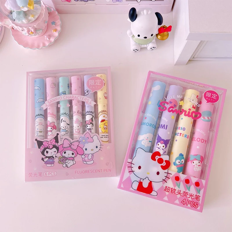 

6Pcs Sanrio Highlighter Pen Kawaii Anime Kuromi Cinnamoroll Multi-Functional Marker Pens Cartoon Cute My Melody Stationery Toys