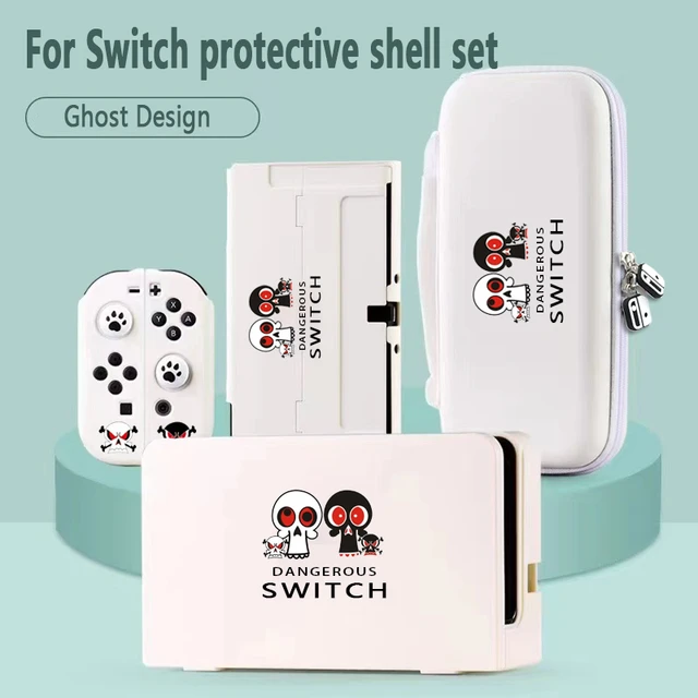 For Nintendo-Switch-OLED Host Protection Set Rocker Cap + Tempered Film +  Handle Protective Shell