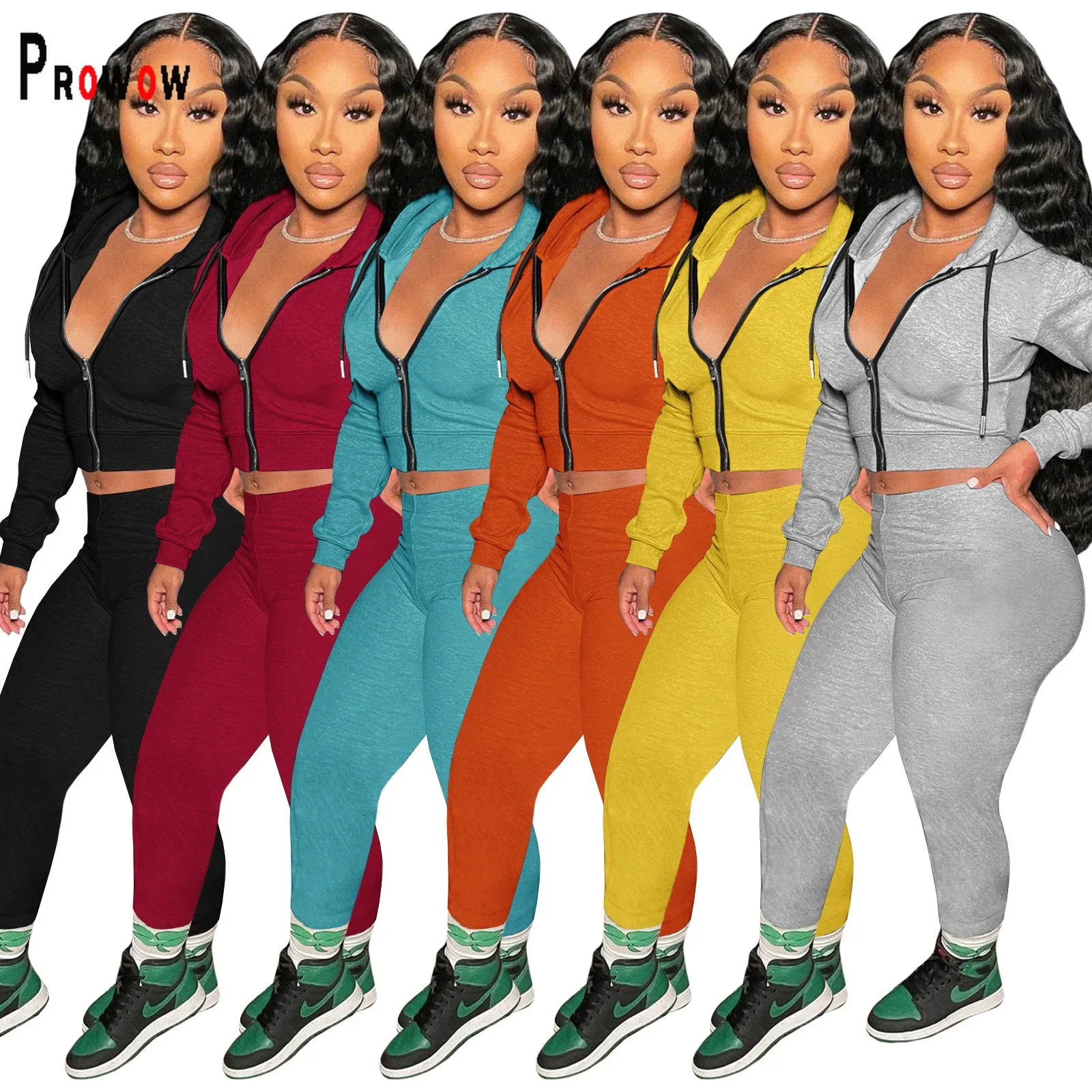 

Prowow Women Tracksuits Crop Hooded Zipper Coats Skinny Pant Two Piece Sporty Suits Solid Color Female Clothing Set Streetwear