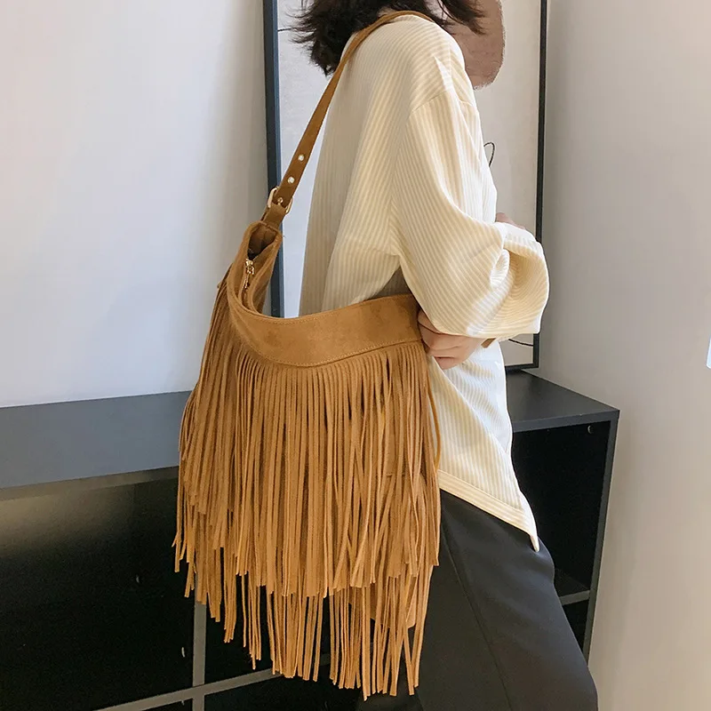LSFYSZD Hippie Faux Suede Fringe Messenger Bags For Women Boho Tassel Shoulder Bags Vintage 70s Crossbody Handbags (A Brown, One Size