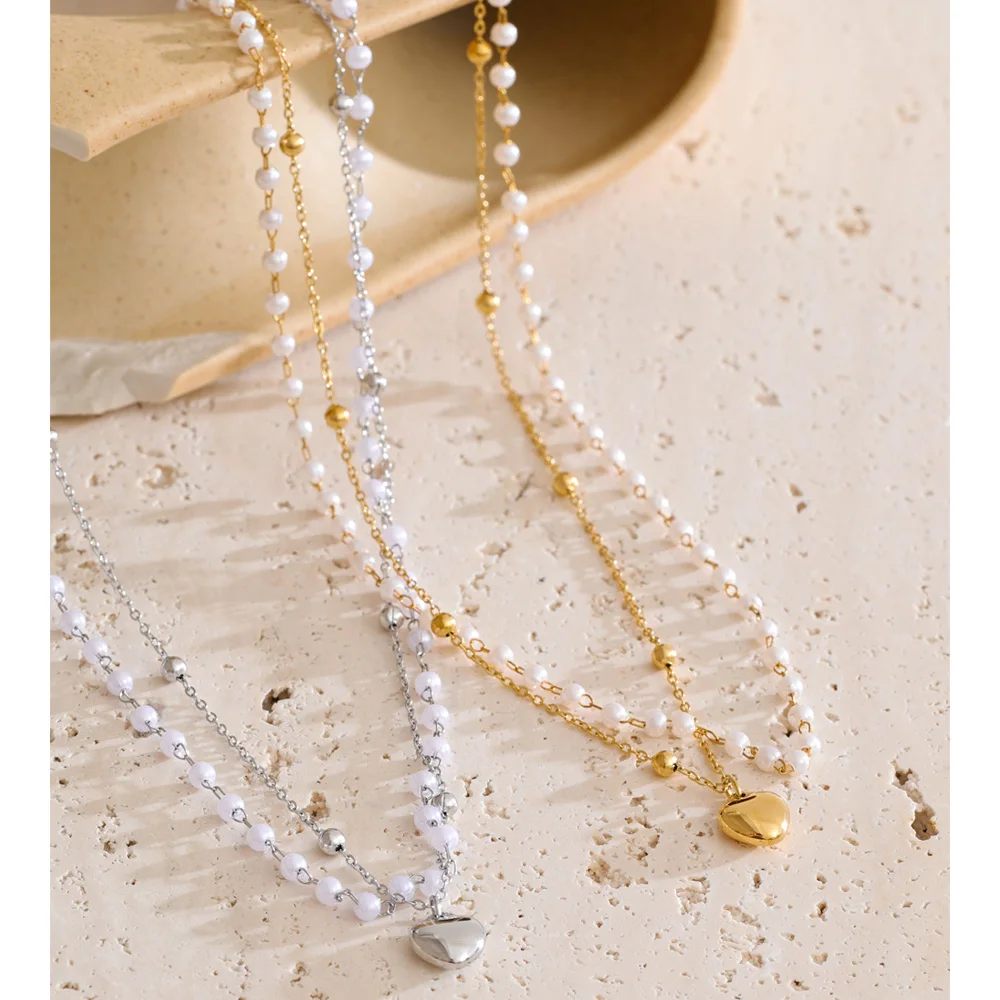 Yhpup Pearls Necklace Double Layer Chain for Women Stainless Steel