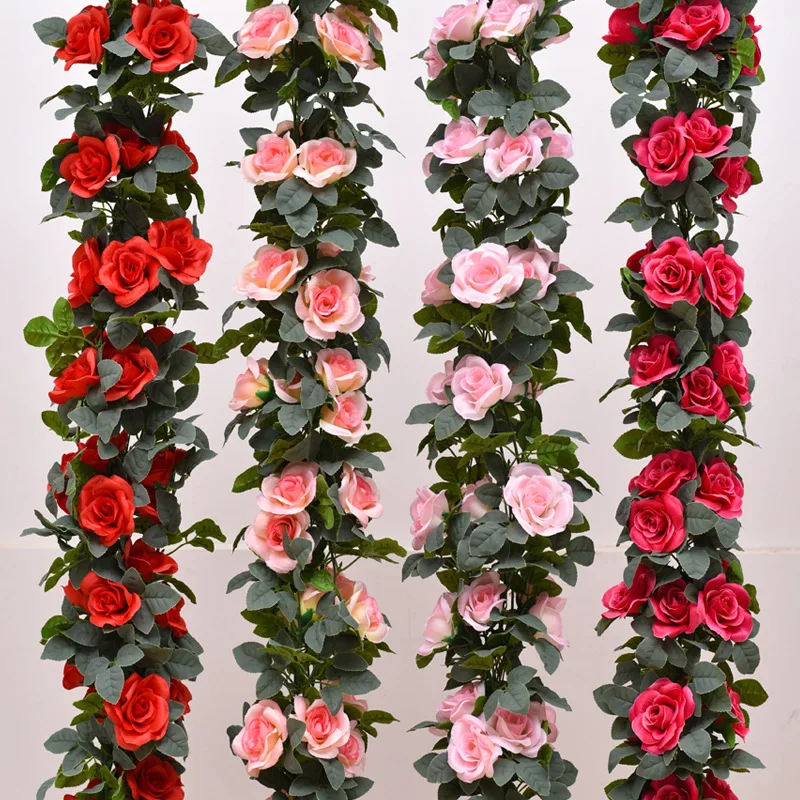 Flores artificiales de rosas rojas, plantas falsas de vid para el hogar, decoración de guirnalda de fiesta de boda, colgante de pared, artesanía DIY, venta al por mayor, 16 cabezas