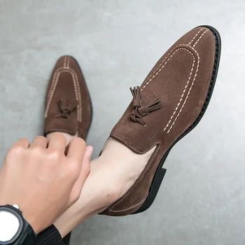 Men's Loafers Brand Suede Leather Shoes Vintage Slip-on Classic Casual Men Driving Shoes Wedding Male Dress Shoes Tassel pointed 5