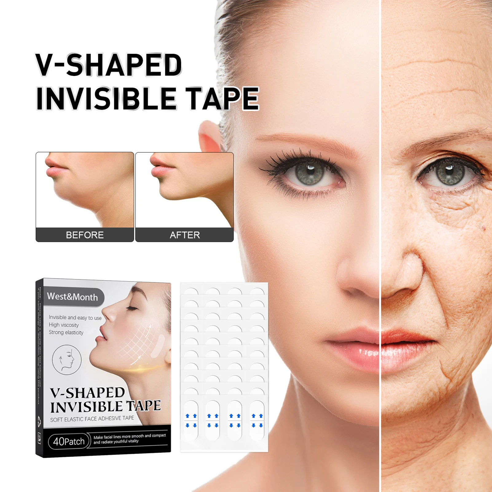 

40pcs/Box Invisible Breathable Thin Face Stickers Facial Line Wrinkle Sagging Skin Waterproof V-Shape Tighten Chin Lifting Patch