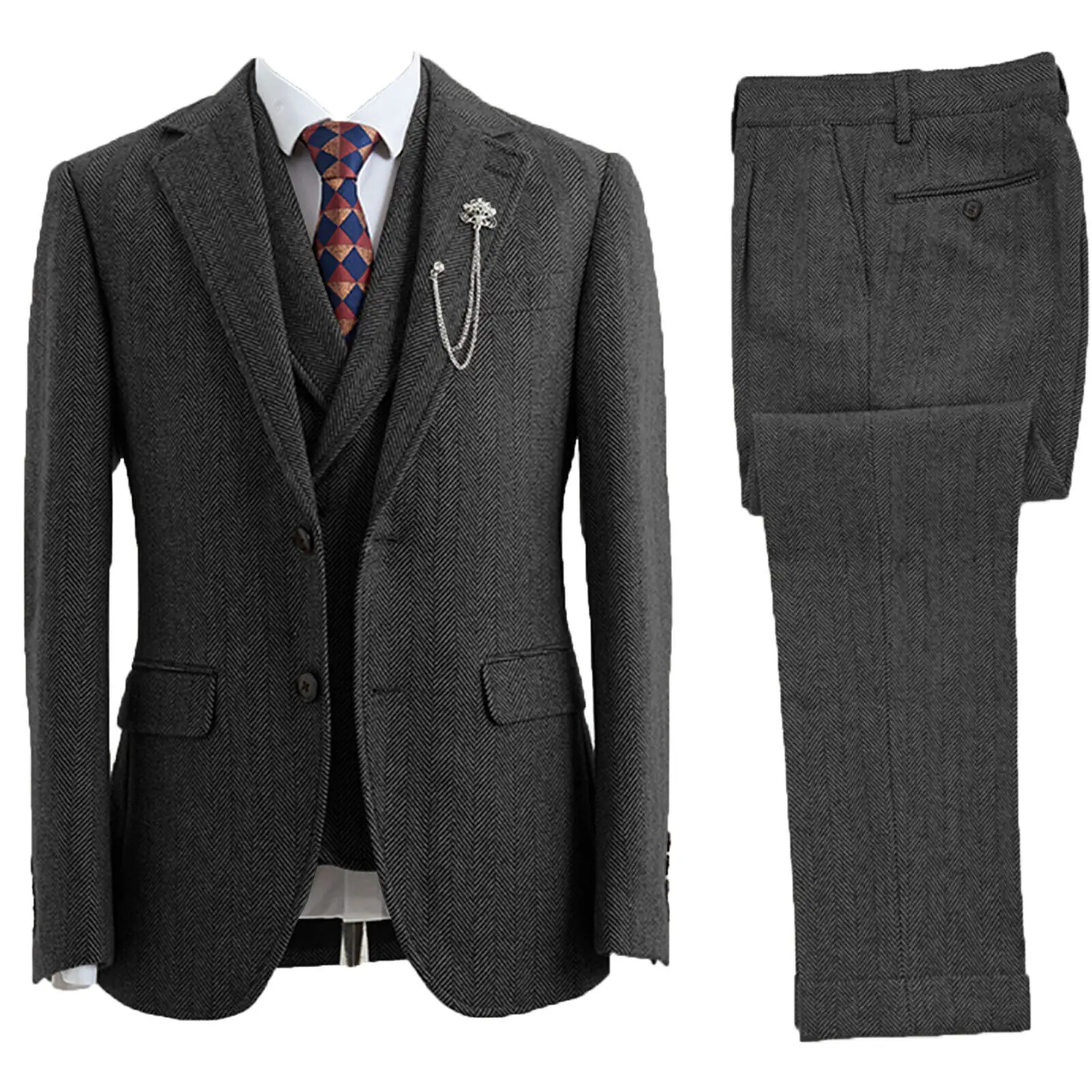 Men 3 Piece Suit Tweed Herringbone Double-Breasted Wedding Tuxedos Size  Men Clothing 2