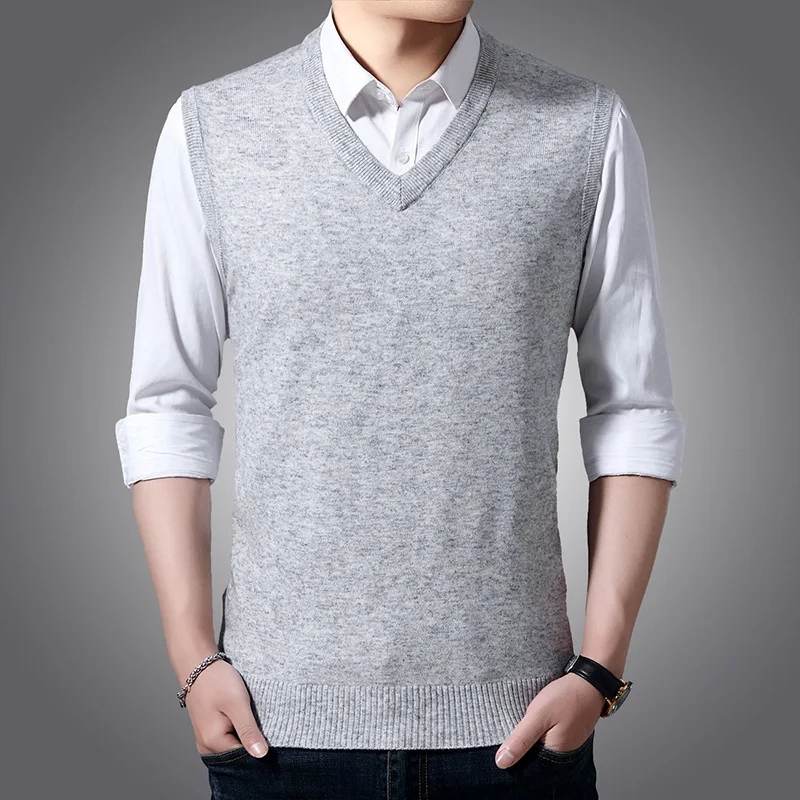 Men's Solid Color Wool Vest Autumn and Winter Basic V-neck Knitted Vest Youth Casual Wool
