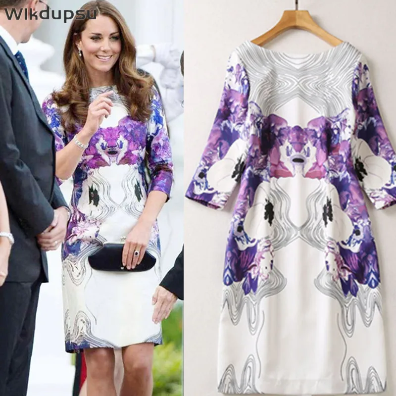 

Luxury Fashion Printed Princess Kate Middleton Dresses Women Spring Summer Midi Pencil Dress Fall Casual Office Lady Work Wear