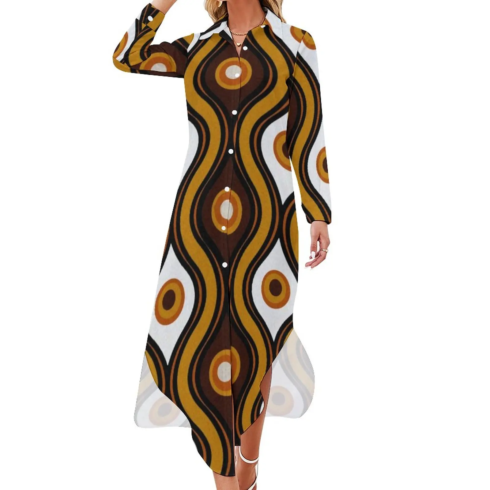 

Шифоновое платье в стиле ретро 70-х, праздничные платья средней века с принтом, уличная одежда с длинным рукавом и V-образным вырезом, Повседневное платье оверсайз с графическим принтом