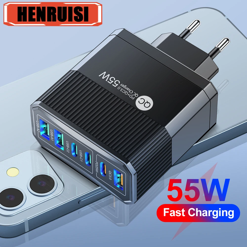 55W Fast Charging Charger 6Ports USB Type C Charger For Samsung A23 S23 iPhone 15 14 Xiaomi Tablet Portable Wall Mobile