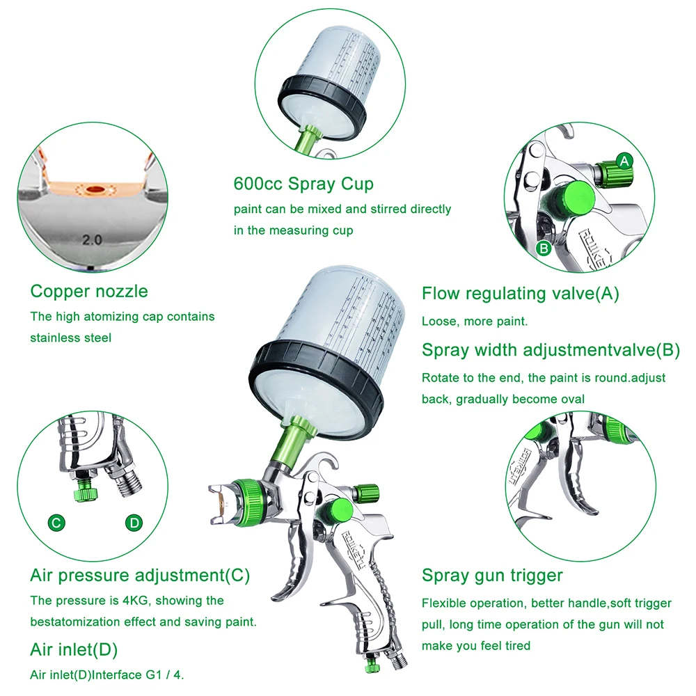 HVLP Spay Gun 1.4/1.7/2.0mm Nozzle Gravity Airbrush For Car Painting 10pcs 600ml No Clean Disposable Measuring Cup
