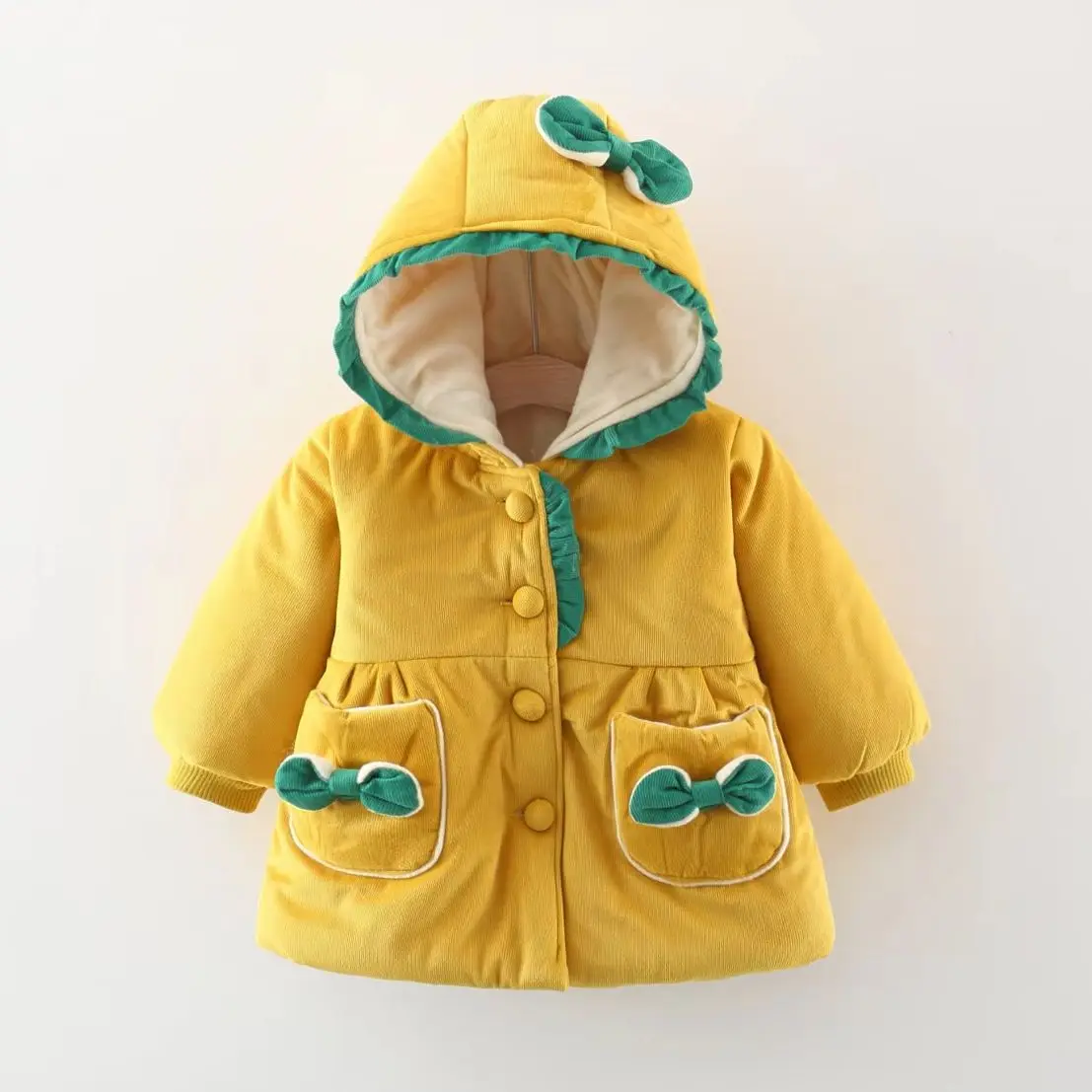 New Winter Girls' Cotton Coat Cartoon Cotton Coat Bow and Lace Contrast Button Double Pocket Children's Clothing