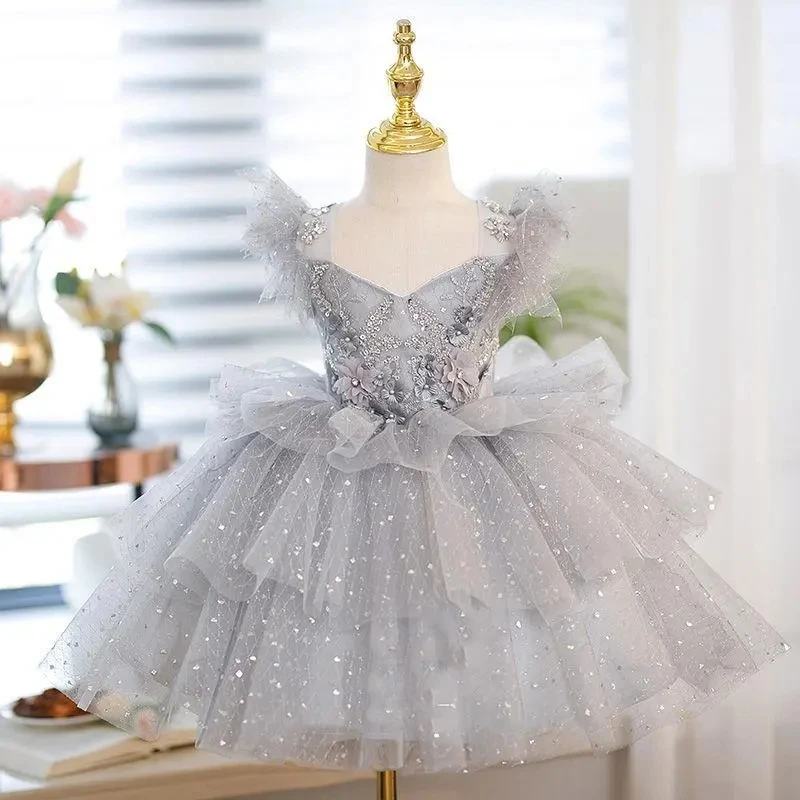 

V-neck Kids Dress for Girls Costumes Wedding Birthday Party Lace Sequin Elegant Princess Summer Children’s Dress 1-10 Yrs