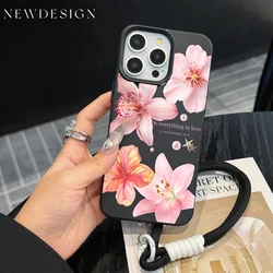Luxury Pink Lily Lichee Pattern Shockproof Silicone Phone Lanyard Case - iPhone 15 (HE - P0696 - PJ02)