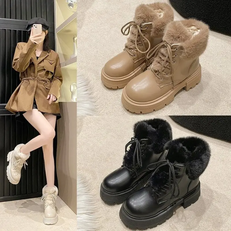 Fashion Ladies Shoes Lace Up Women is Boots Winter Plush Fleece for Warmth Round Toe Solid Short Barrel Square Root Naked Boots