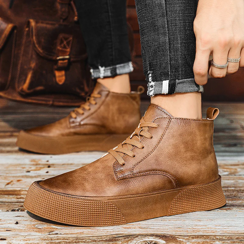 Autumn Men Ankle Boots High-cut Genuine Leather Sneakers Motorcycle Boots Tooling Platform Skateboard Sport Shoes