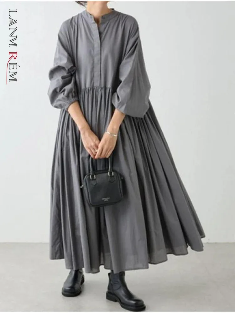 

LANMREM Casual Long Dress Women's Lantern Sleeves Stitching Fold Large Hem Korean Style Fashion Dresses 2024 Spring New 2DA3532